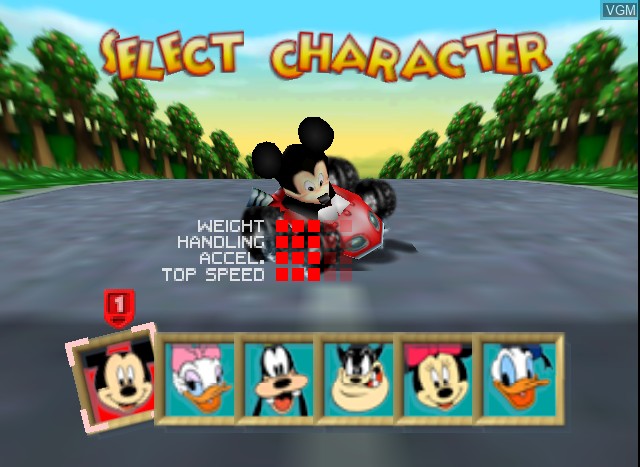 Menu screen of the game Mickey's Speedway USA on Nintendo 64