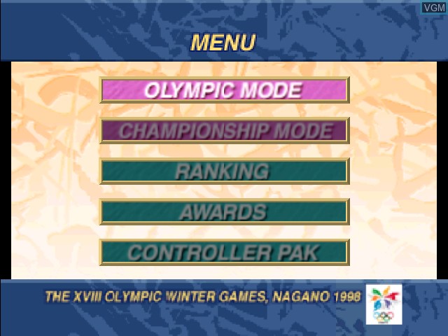 Menu screen of the game Nagano Winter Olympics '98 on Nintendo 64