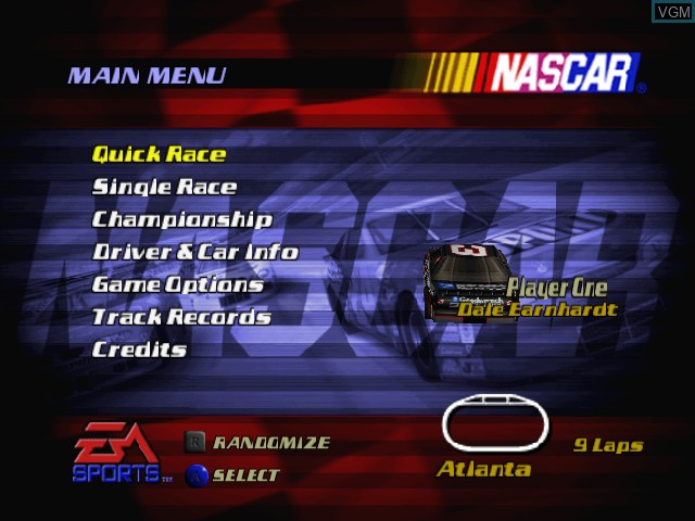 Menu screen of the game NASCAR 2000 on Nintendo 64