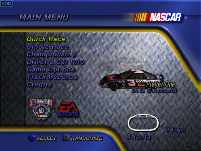 Menu screen of the game NASCAR 99 on Nintendo 64