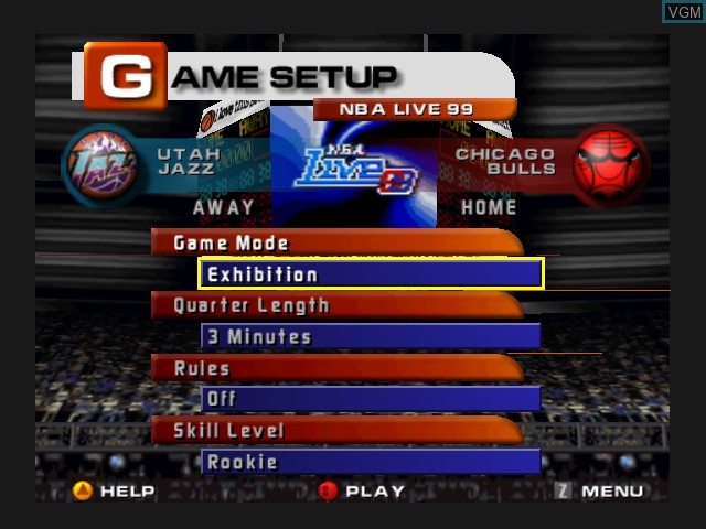 Menu screen of the game NBA Live 99 on Nintendo 64
