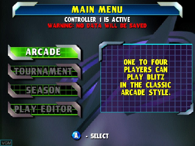 Menu screen of the game NFL Blitz 2000 on Nintendo 64