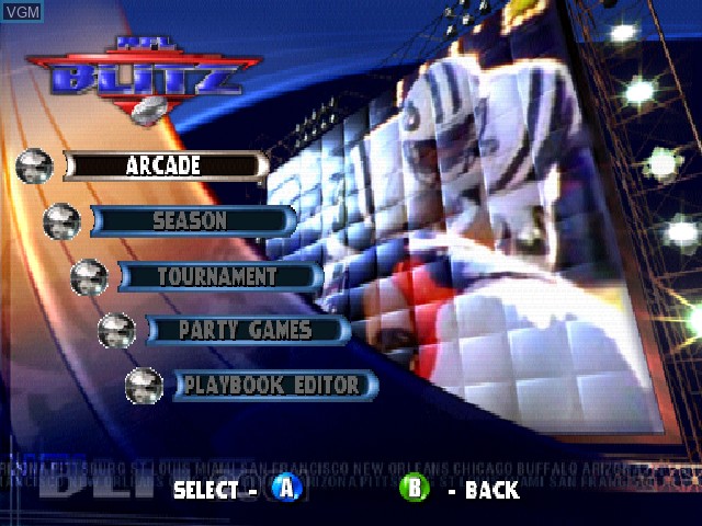 Menu screen of the game NFL Blitz 2001 on Nintendo 64