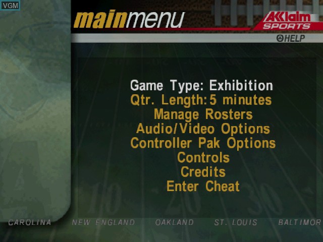 Menu screen of the game NFL Quarterback Club 2000 on Nintendo 64