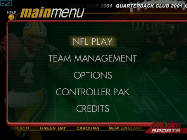 Menu screen of the game NFL QB Club 2001 on Nintendo 64