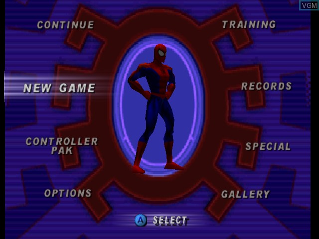 Menu screen of the game Spider-Man on Nintendo 64