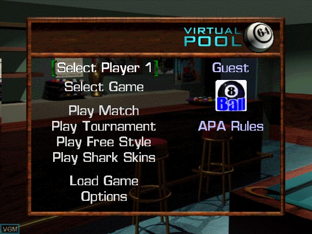 Menu screen of the game Virtual Pool 64 on Nintendo 64