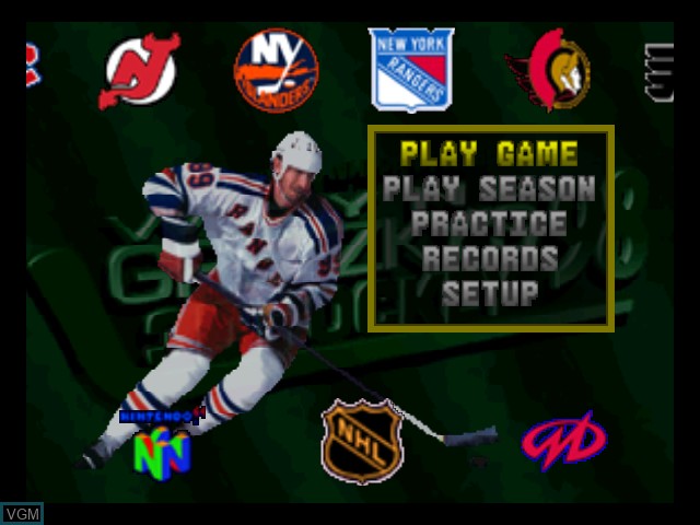 Menu screen of the game Wayne Gretzky's 3D Hockey '98 on Nintendo 64