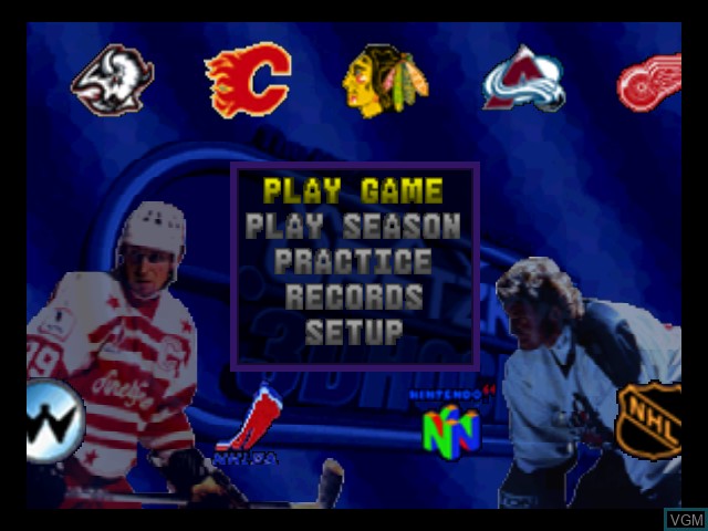 Menu screen of the game Wayne Gretzky's 3D Hockey on Nintendo 64
