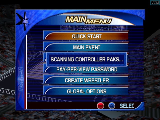 Menu screen of the game WCW Mayhem on Nintendo 64