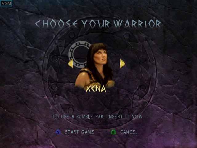 Menu screen of the game Xena - Warrior Princess on Nintendo 64