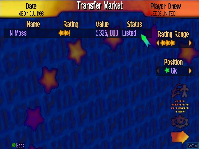 In-game screen of the game Premier Manager 64 on Nintendo 64