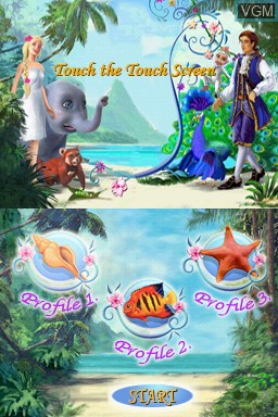 Title screen of the game Barbie as The Island Princess on Nintendo DS