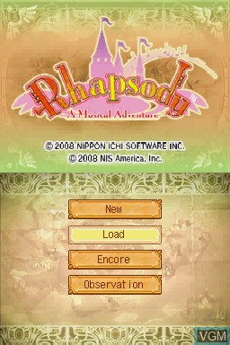 Title screen of the game Rhapsody - A Musical Adventure on Nintendo DS