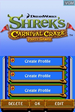 Title screen of the game Shrek's Carnival Craze on Nintendo DS