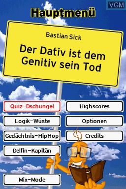 Title screen of the game Dativ ist dem Genitiv sein Tod, Der on Nintendo DS