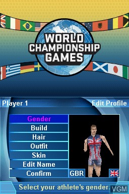 Title screen of the game World Championship Games - A Track & Field Event on Nintendo DS