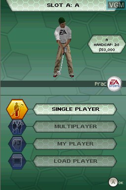 Menu screen of the game Tiger Woods PGA Tour 08 on Nintendo DS