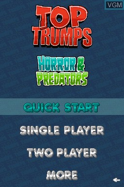 Menu screen of the game Top Trumps - Horror & Predators on Nintendo DS