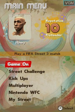 Menu screen of the game FIFA Street 3 on Nintendo DS