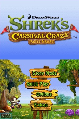 Menu screen of the game Shrek's Carnival Craze on Nintendo DS
