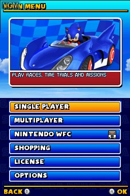 Menu screen of the game Sonic & Sega All-Stars Racing on Nintendo DS