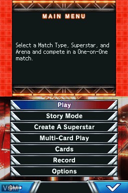 Menu screen of the game WWE SmackDown vs. Raw 2010 on Nintendo DS