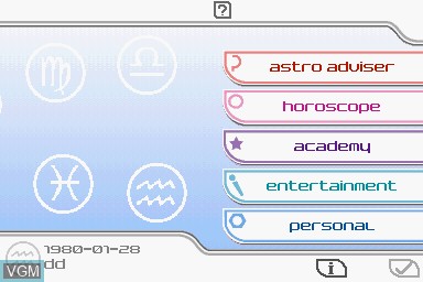 Menu screen of the game Astrology DS - The Stars In Your Hands on Nintendo DS