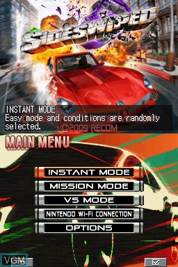 Menu screen of the game Sideswiped on Nintendo DS