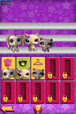 Menu screen of the game Littlest Pet Shop 3 - Biggest Stars - Purple Team on Nintendo DS