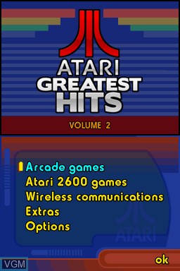 Menu screen of the game Atari Greatest Hits - Volume 2 on Nintendo DS