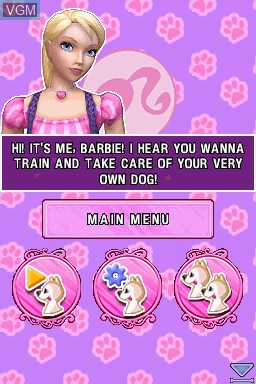 Menu screen of the game Barbie - Groom and Glam Pups on Nintendo DS