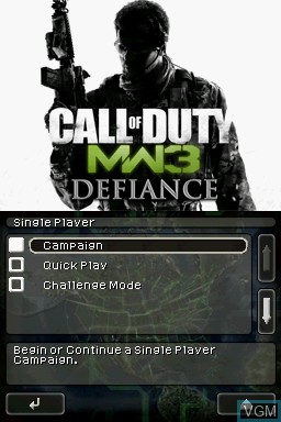 Menu screen of the game Call of Duty - Modern Warfare 3 - Defiance on Nintendo DS