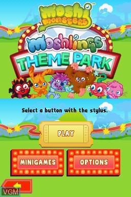 Menu screen of the game Moshi Monsters - Moshlings Theme Park on Nintendo DS