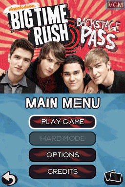 Menu screen of the game Big Time Rush - Backstage Pass on Nintendo DS