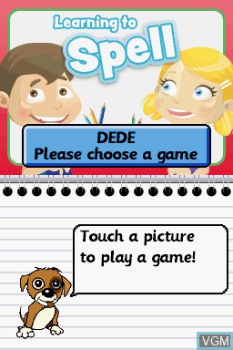 Menu screen of the game Learning to Spell on Nintendo DS