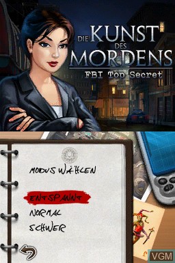 Menu screen of the game Art of Murder - FBI Top Secret on Nintendo DS