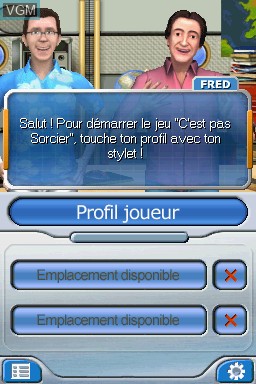 Menu screen of the game C'est Pas Sorcier - Les Fabuleux Défis de Fred & Jamy on Nintendo DS