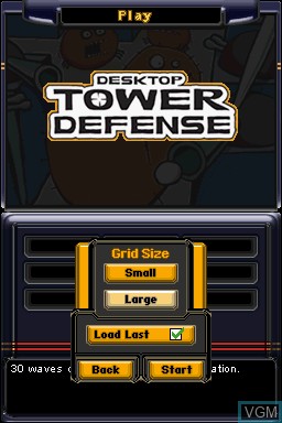 Menu screen of the game Desktop Tower Defense on Nintendo DS