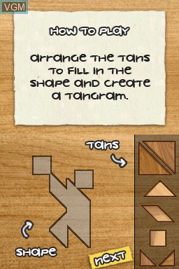 Menu screen of the game Hands On! Tangrams on Nintendo DS