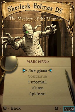 Menu screen of the game Sherlock Holmes - The Mystery of the Mummy on Nintendo DS