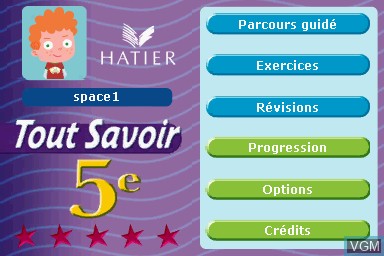Menu screen of the game Tout Savoir 5e - L'Essentiel du Programme on Nintendo DS