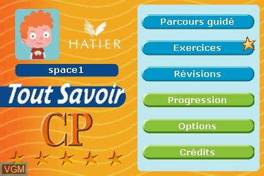 Menu screen of the game Tout Savoir CP - L'Essentiel du Programme on Nintendo DS