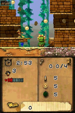 In-game screen of the game Moorhuhn Jump'n Run - Atlantis on Nintendo DS