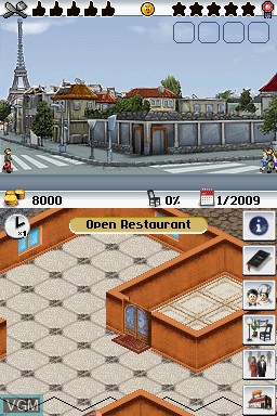 In-game screen of the game Restaurant Tycoon on Nintendo DS
