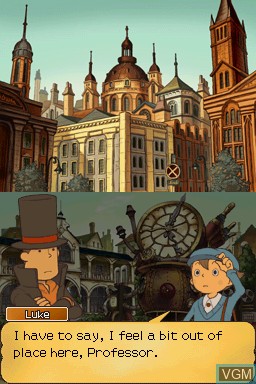 In-game screen of the game Professor Layton and the Unwound Future on Nintendo DS