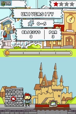 In-game screen of the game Scribblenauts on Nintendo DS