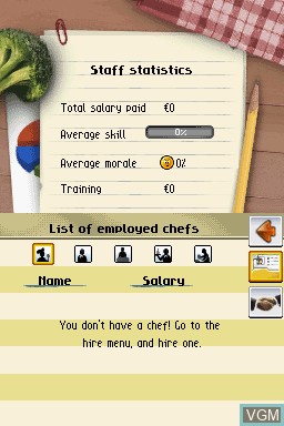 In-game screen of the game Restaurant Tycoon on Nintendo DS