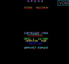 Title screen of the game Arena on Tangerine Computer Systems Oric