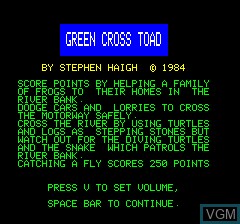 Title screen of the game Green Cross Toad on Tangerine Computer Systems Oric